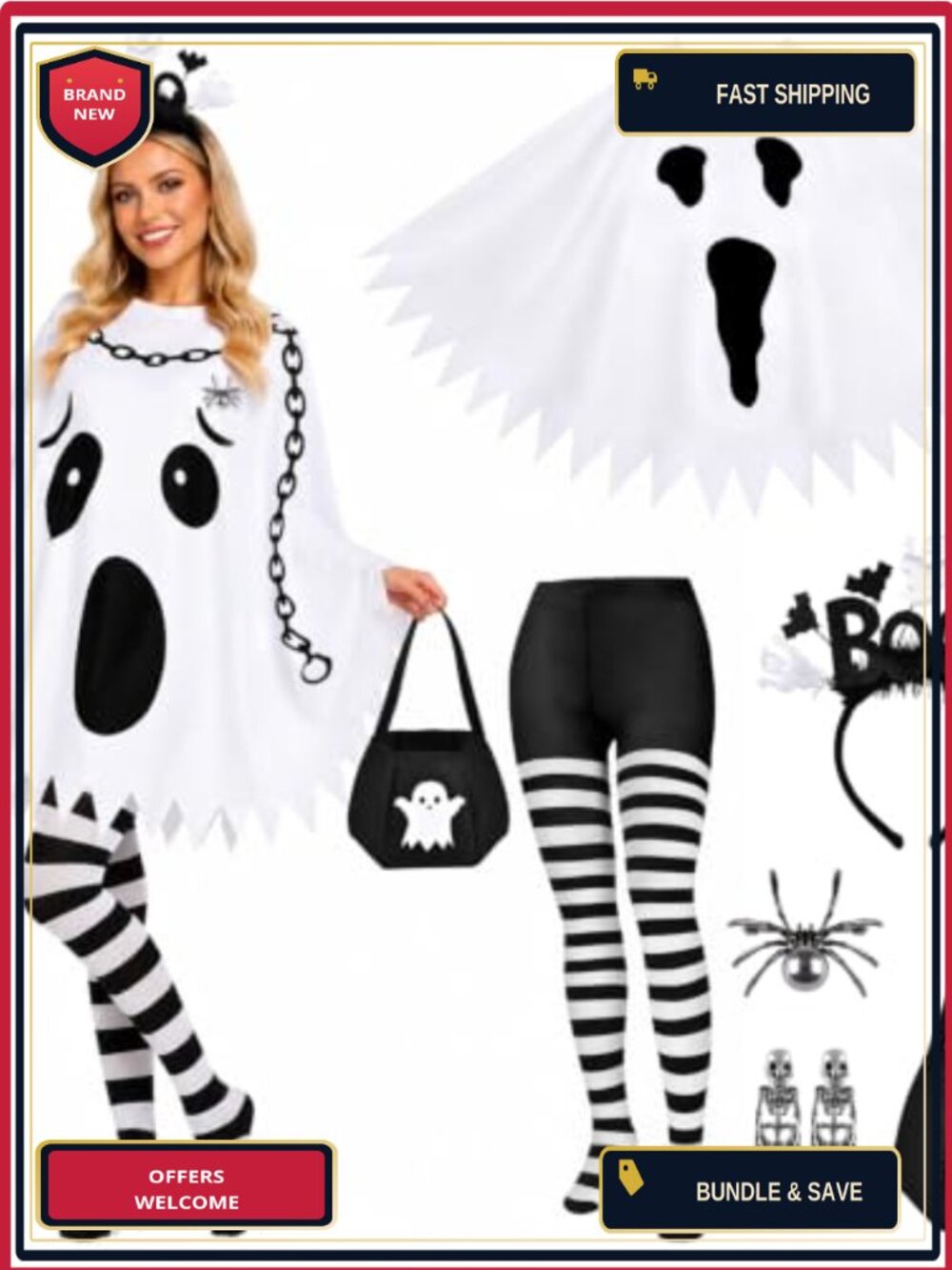 6 PCS Ghost Halloween Costume Set Women One Size Fits Most Poncho Tights